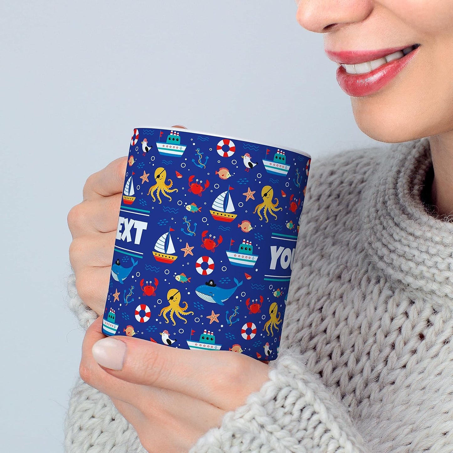 Personalized Mug for Kids - Nautical - Custom Name/Text, Ceramic Hot Chocolate/Cocoa/Coffee Cup for Boys/Girls, Birthday/Christmas/Holiday Gift - 11 oz, Red Handle