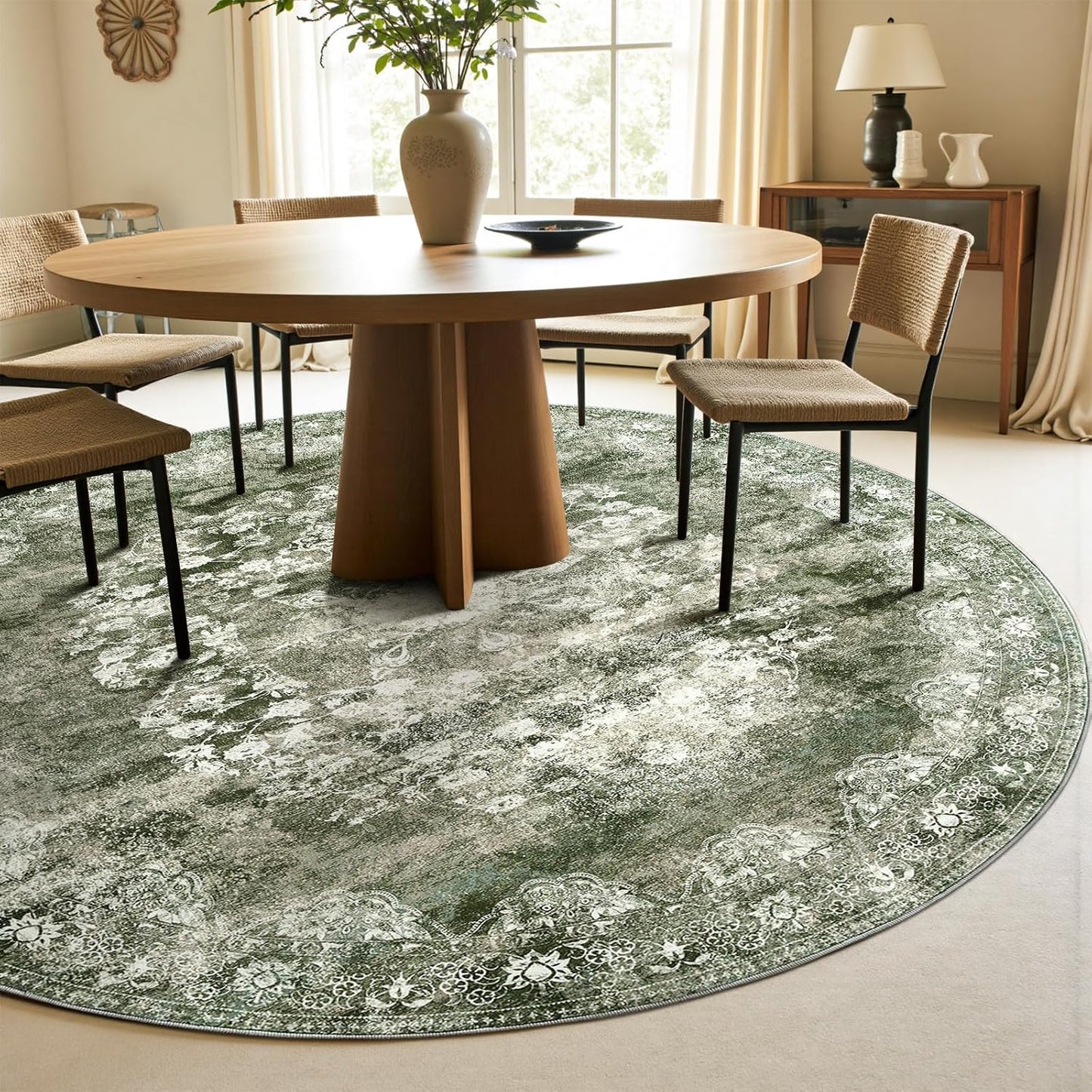 jinchan Round Rug 8ft Area Rug - Green Vintage Floor Mat Kitchen Indoor - Washable Circle 8' Thin Floral Print Carpet Retro Farmhouse Non Slip Dining Room Living Room Bedroom Office