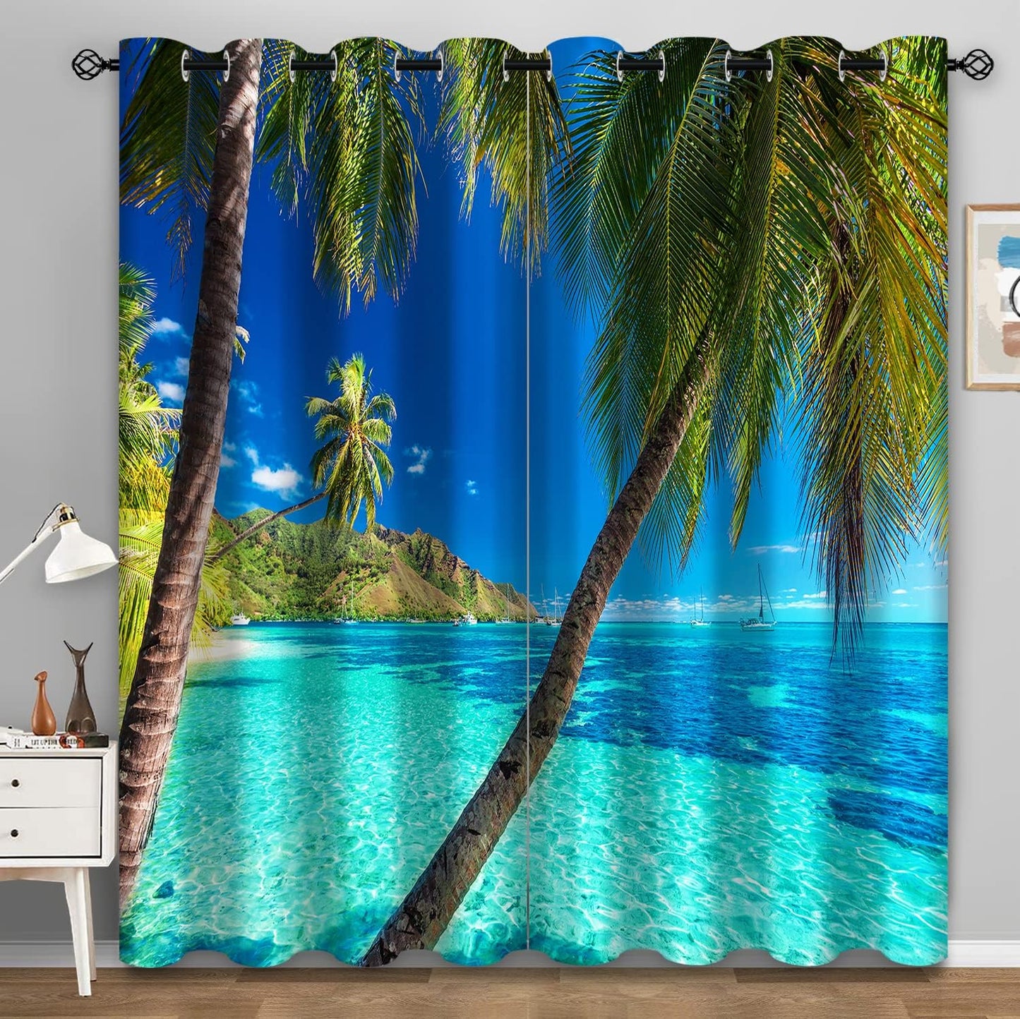 Aimego Palm Trees Blackout Curtains Blue Ocean Tropical Hawaiian Scenery Window Drapes Decor for Bedroom Living Room Grommet Top Room Darkening Curtains 2 Panel Set, 52"X84"