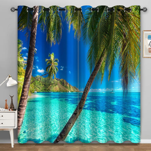 Aimego Palm Trees Blackout Curtains Blue Ocean Tropical Hawaiian Scenery Window Drapes Decor for Bedroom Living Room Grommet Top Room Darkening Curtains 2 Panel Set, 52"X84"