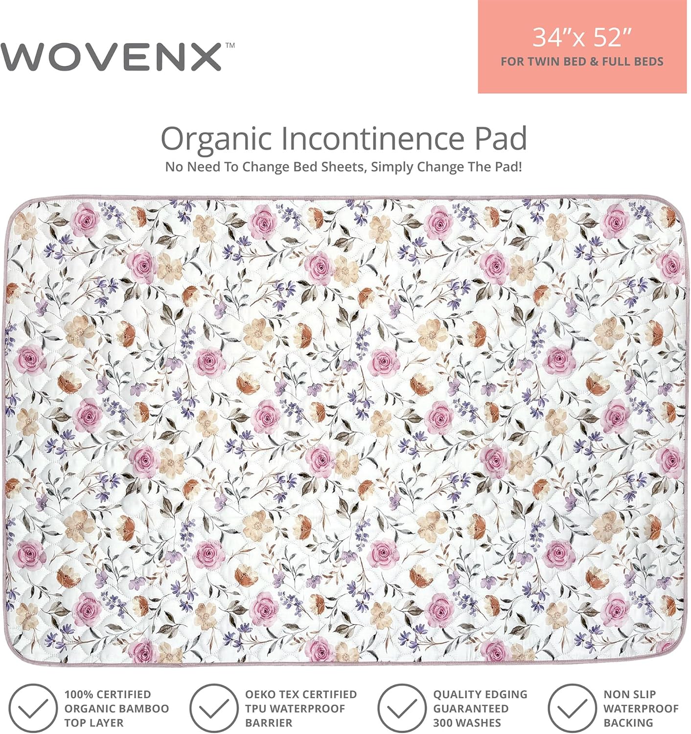 Organic Incontinence Pads for Kids & Toddlers - 5 Layer Waterproof Protectors for Overnight Bed Wetting - Reusable & Washable Pee Pads - Fits Twin to Full Size Beds - 34" x 52" Flower