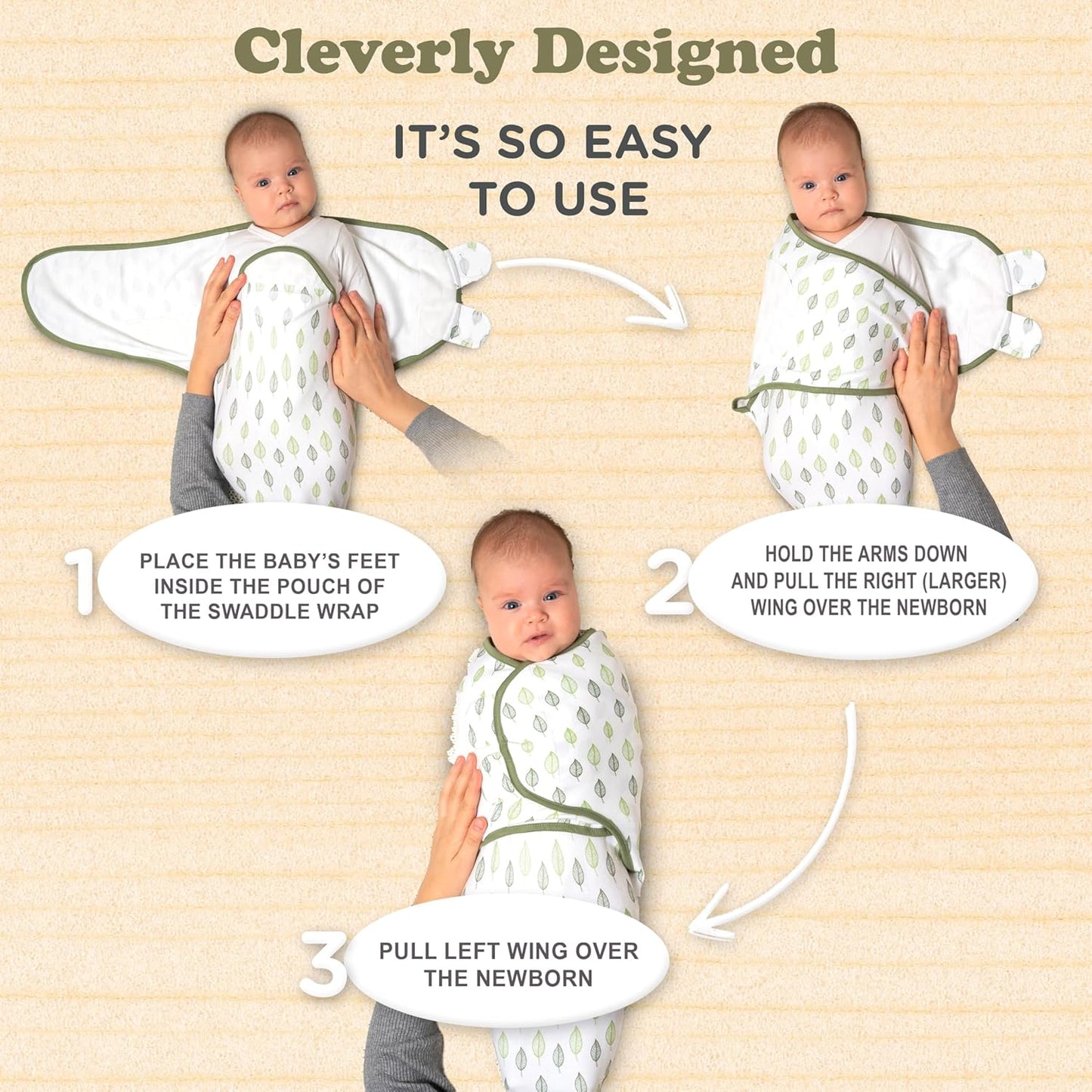 Bublo Baby Swaddles for Newborns – 3-Pack Infant Swaddles 0-3 Months – Adjustable Swaddle Sleep Sack – Soft Organic Cotton Baby Wrap for Safe & Cozy Sleep (Green Leaf)