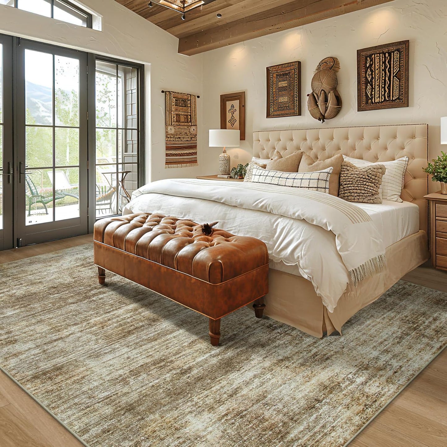 Area Rug 9x12 Washable Rugs: Abstract Large Living Room Rugs with Non-Slip Backing, Thin Carpet for Dining Room Table Bedroom Nursery Indoor Home Office-Brown