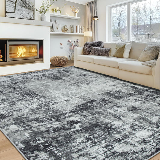 10x14 Area Rugs Large Living Room Rug Washable: Modern Abstract Rug Indoor Modern Carpet Non Slip for Dining Room Bedroom Nursery Home Office Black Grey