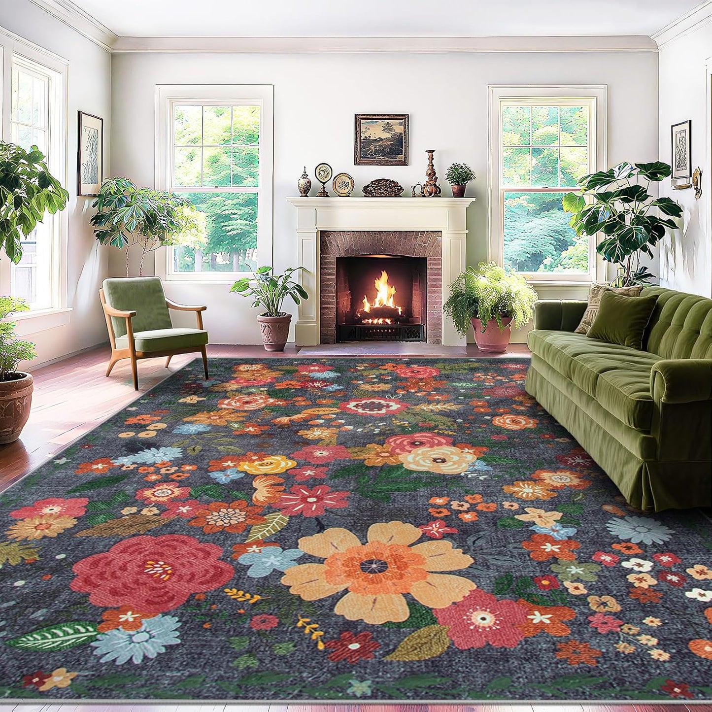 9x12 Area Rug for Living Room: Vintage Floral Washable Rug Soft Boho Non Slip Carpet Large Indoor Floor Non Shedding Low Pile Thin Carpets for Bedroom Dining Room Farmhouse Nursery Home Office Black