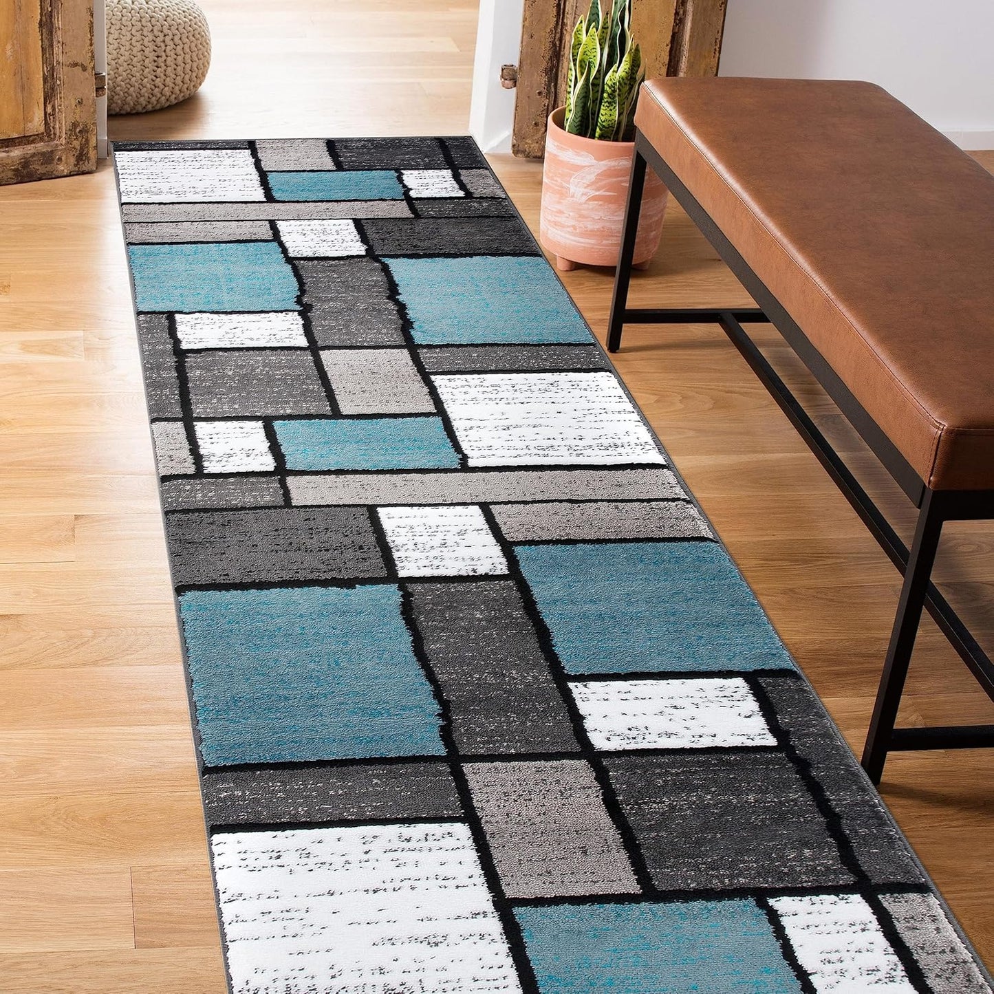 Rugshop Contemporary Modern Boxes for Home Office,Living Room,Bedroom,Kitchen Non Shedding Runner Rug 2' x 10' Blue/Gray