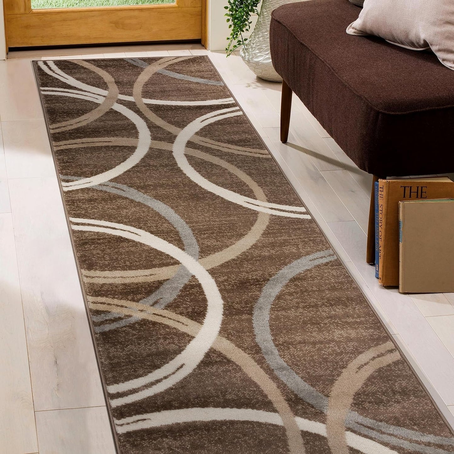 Rugshop Modern Wavy Circles Design Runner Rug 2' x 10' Brown