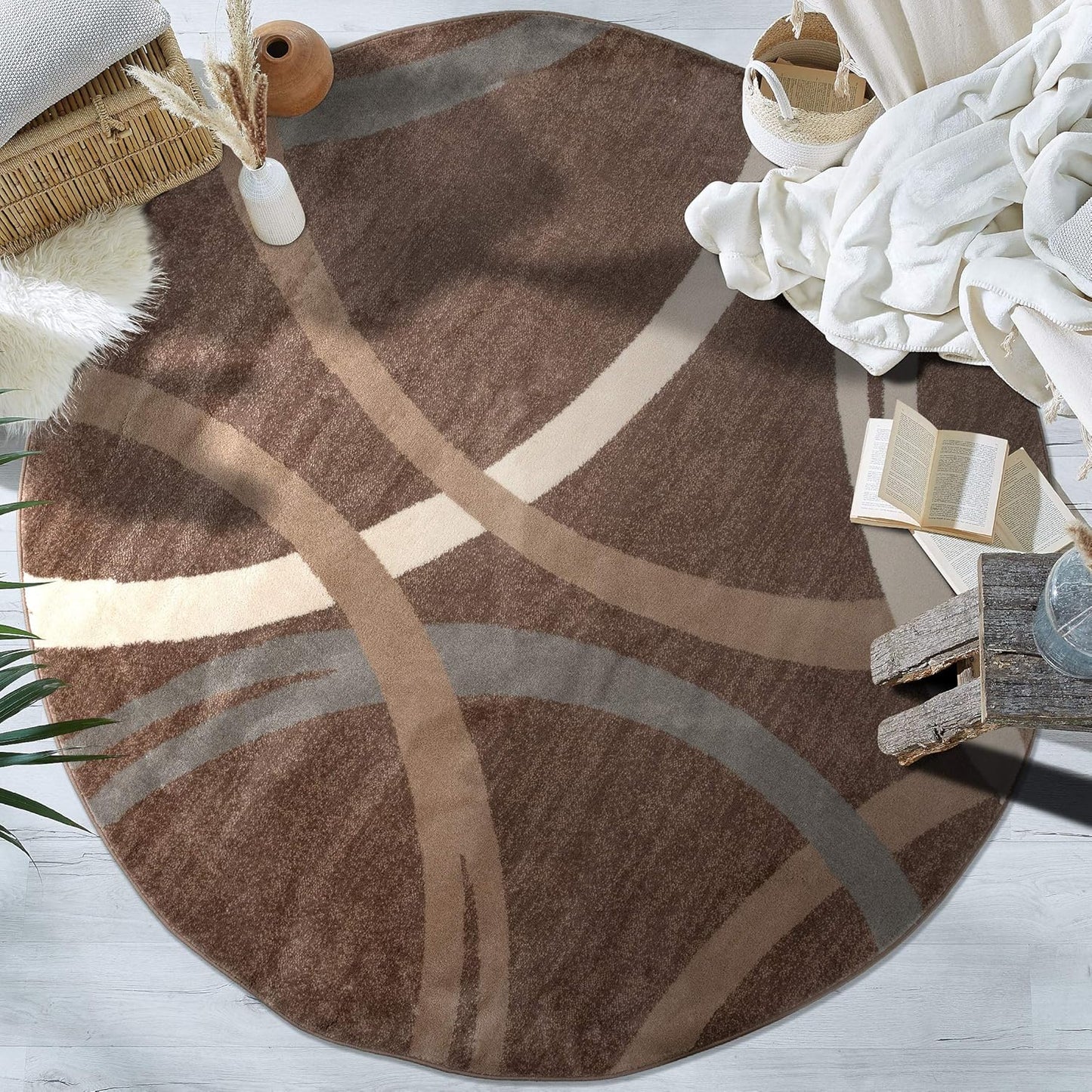 Rugshop Modern Wavy Circles Design Round Area Rug 8' Brown