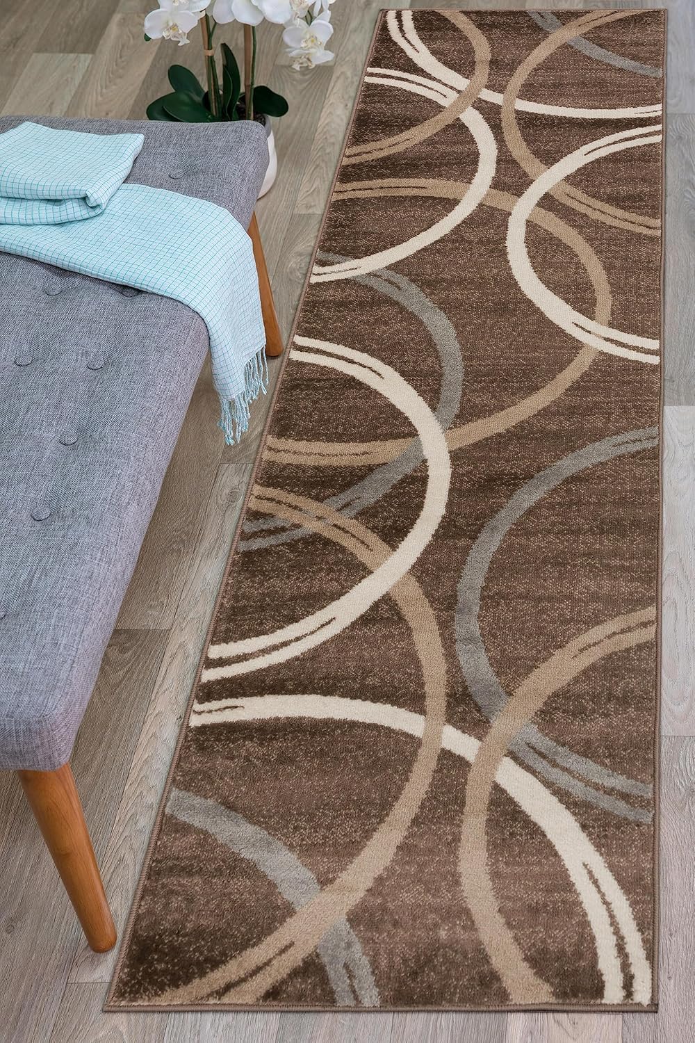 Rugshop Modern Wavy Circles Design Runner Rug 2' x 10' Brown