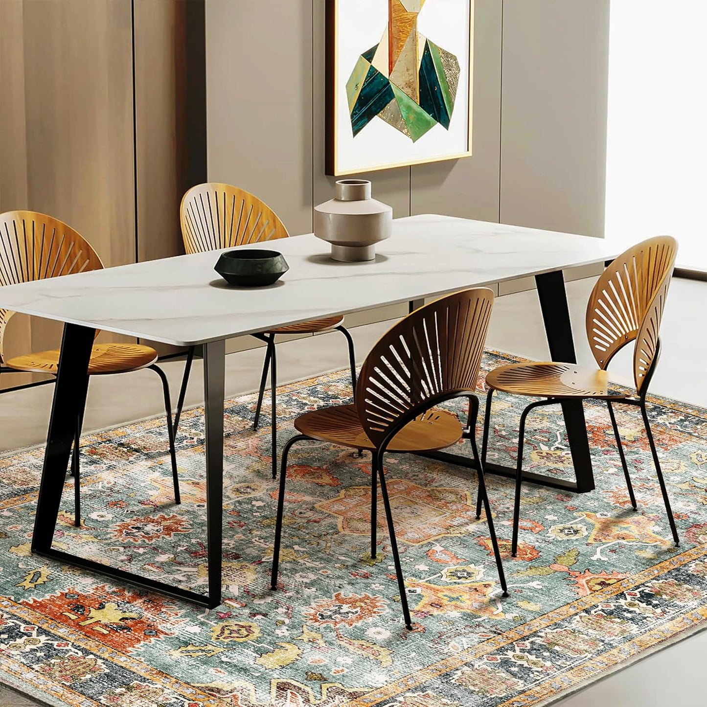 Area Rug 5'x7' Washable Vintage Traditional Floor Cover Foldable Thin Retro Kitchen Accent Indoor Distressed Non Slip Carpet for Bedroom Living Room