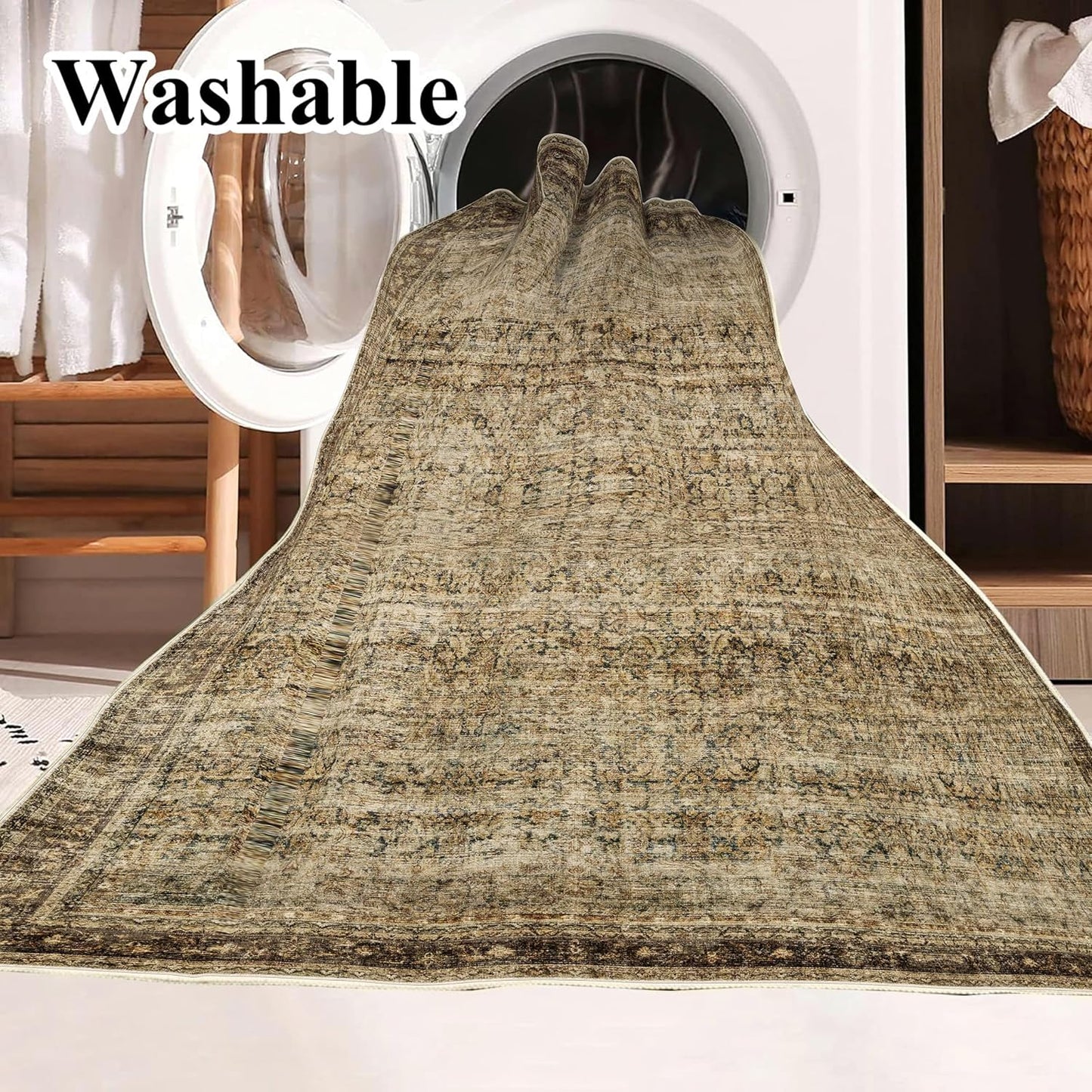 Area Rug 6x9 Washable Rug Dark Brown Vintage Traditional Distressed Thin Retro Kitchen Indoor Floor Cover Non Slip Carpet Floral Print Mat Living Room Bedroom Dining Room